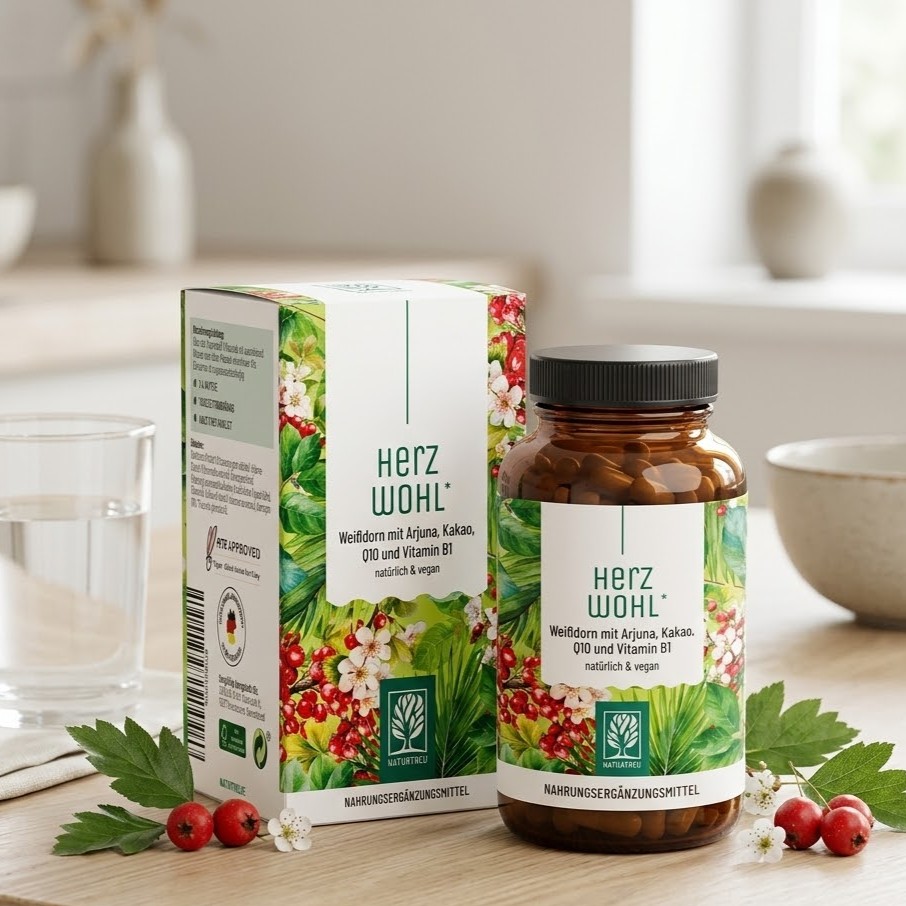 Naturtreu HerzWohl hawthorn complex with arjuna, cocoa, coenzyme Q10 and vitamin B1 in vegan capsules